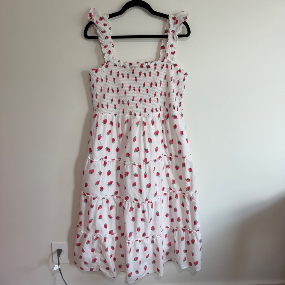 J.Crew Strawberry Print Smocked Cotton Tiered Midi Dress XL with Headband